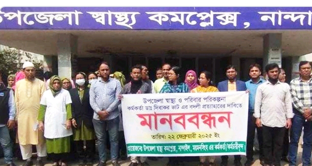 নান্দাইলে স্বাচিপ সদস্য  ডা. দিবাকর ভাটের বদলির আদেশ প্রত্যাহারের দাবিতে আওয়ামী পন্থী কর্মচারীদের অযৌক্তিক  মানববন্ধন, জনমনে বিরূপ প্রতিক্রিয়া ।