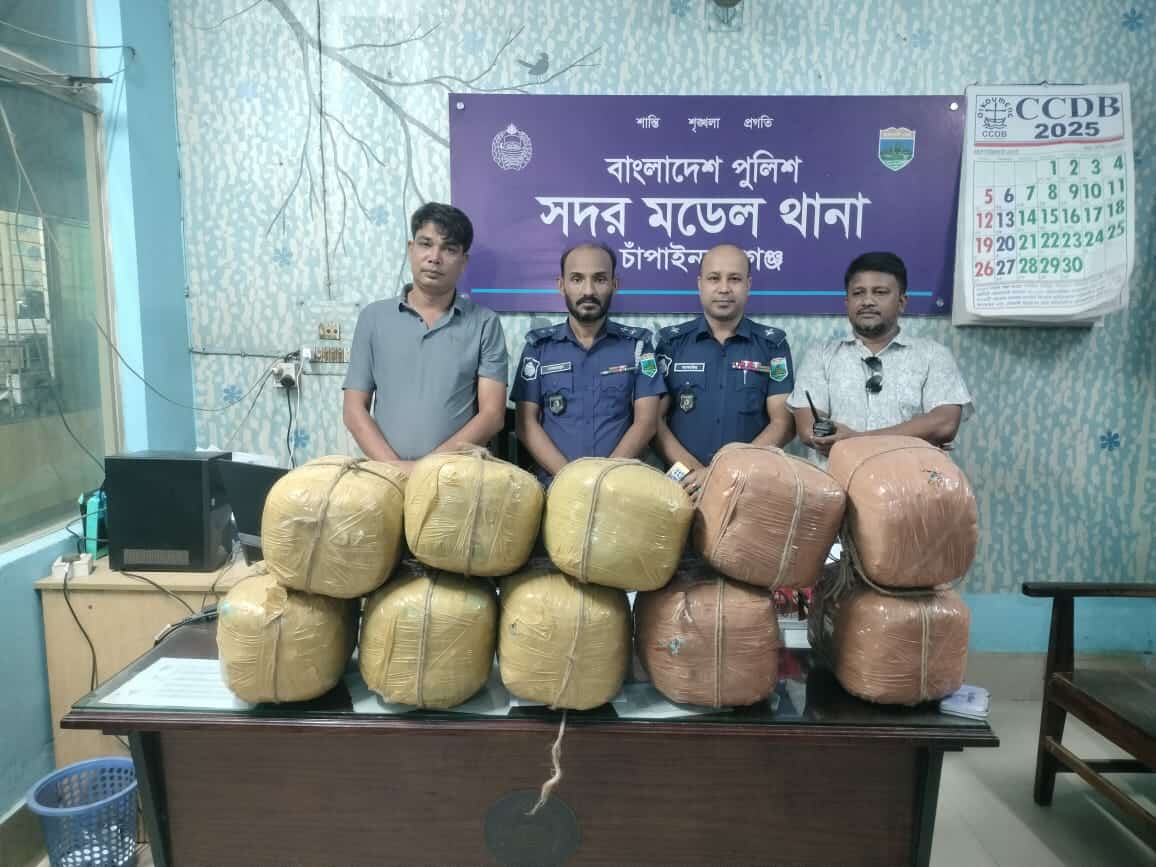 চাঁপাইনবাবগঞ্জে পুলিশের অভিযানে বিপুল পরিমাণ গাঁজা উদ্ধার।